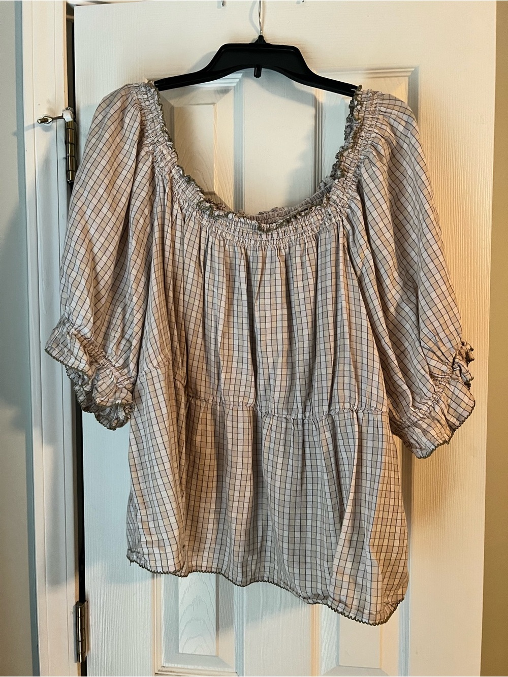 Old Navy Cream Plaid Peasant Blouse with Smocked Neckline